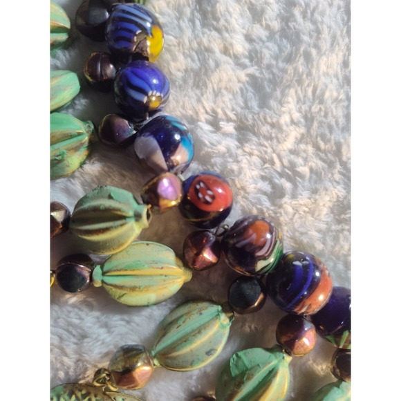 Artisan African Trade Necklace 41" Millefiori Beads Brass Black Bold Ethnic - Picture 4 of 16